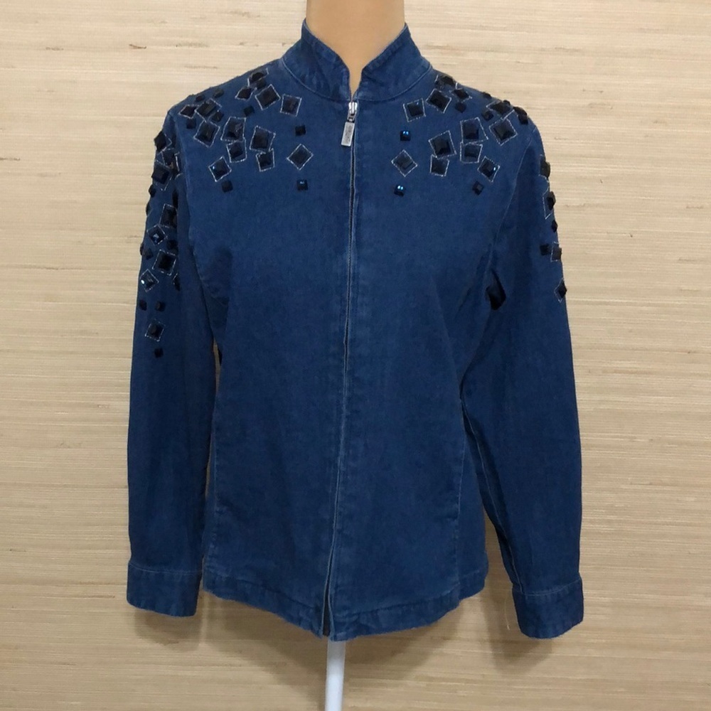 Bob Mackie Blue Embellished Women's Wearable Art Zip-Up Denim Jacket XS
